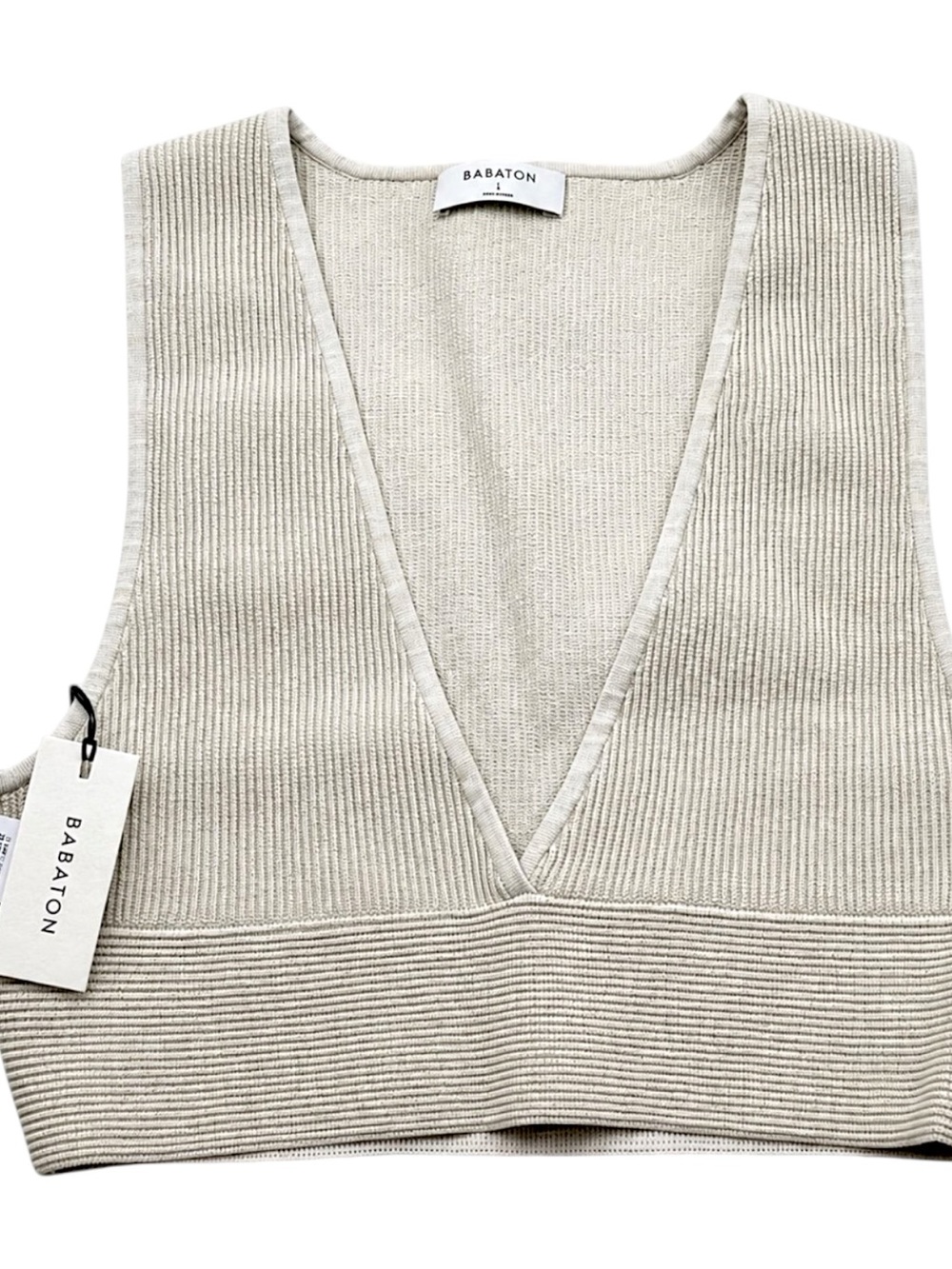 Babaton Sculpt Knit Tank L Deep V Crop Top Matte Pearl Ribbed NWT Aritzia